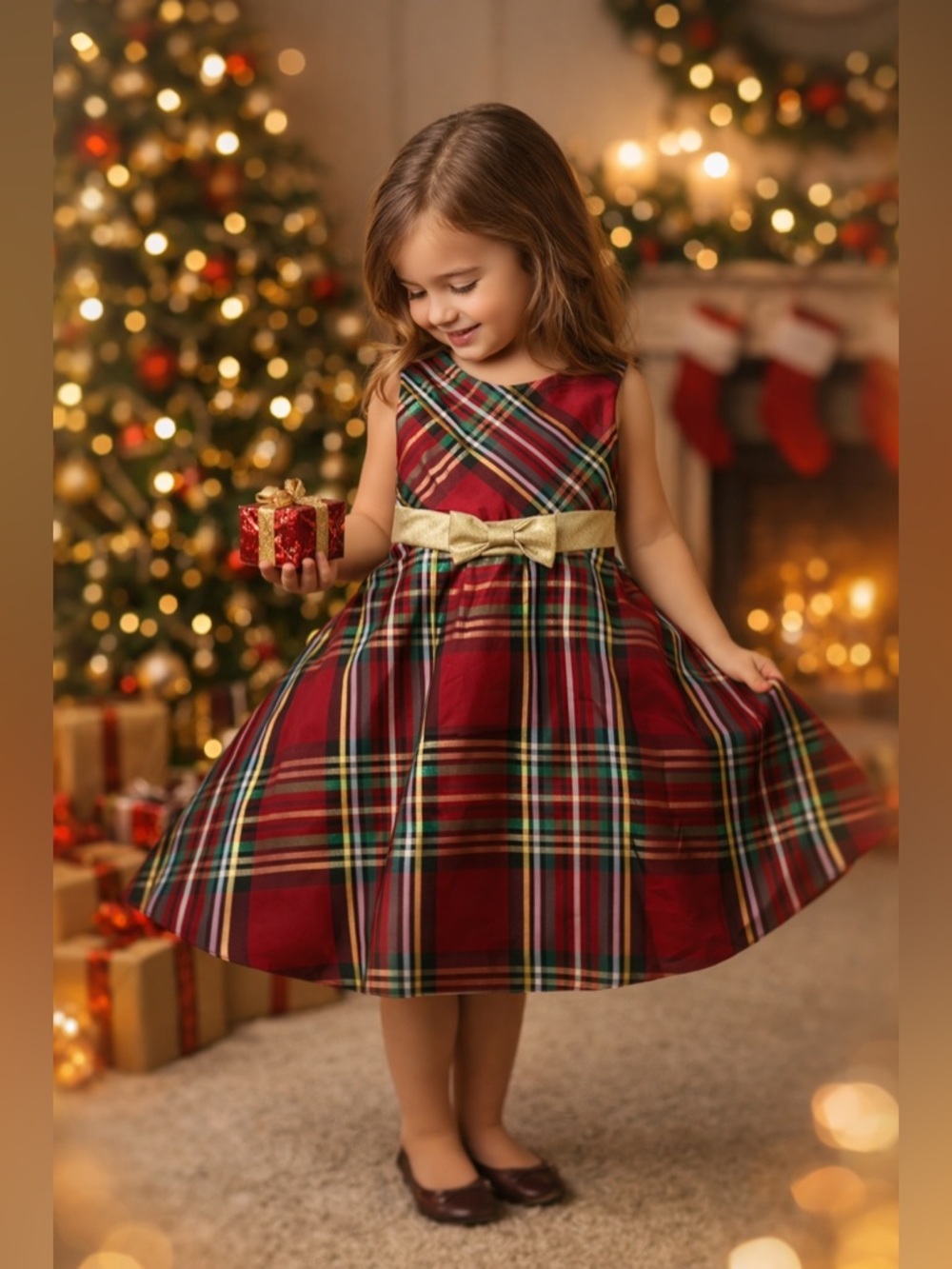 NWOT - 4T - RARE ÉDITIONS - Girls Red Plaid Holiday Dress with Gold Bow